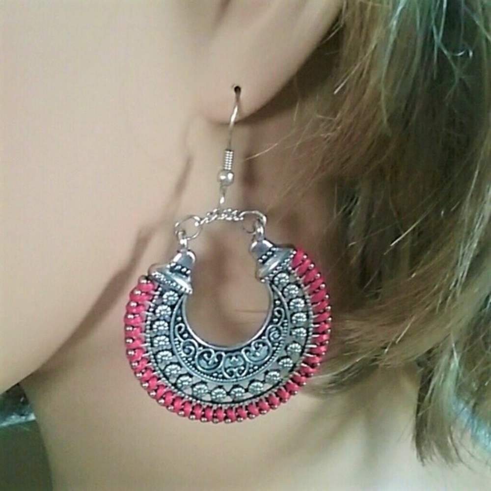 Silver Black Filigree Red Thread Gypsy Earrings